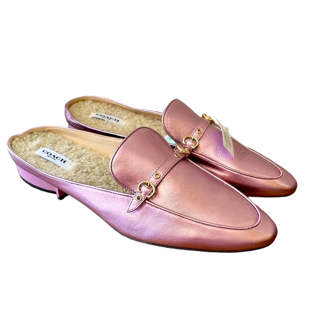 Coach Irene Metallic Pink Barbie Shearling Mule Shoes New - Picture 1 of 16